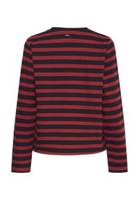 Long-sleeve shirt featuring a striped pattern of black and red colors, with a crew neckline and soft fabric texture.