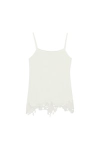 Weißes ärmelloses Camisole mit dünnen Trägern und Spitzenverzierung entlang des gewellten Saums.