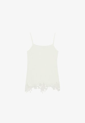 Weißes ärmelloses Camisole mit dünnen Trägern und Spitzenverzierung entlang des gewellten Saums.