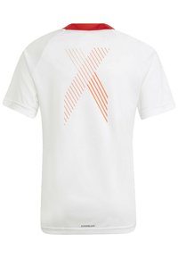 T-Shirt sportif blanc avec un col rouge, présentant un motif de rayures orange en forme de 'X' au dos et une étiquette "AEROREADY" en bas.