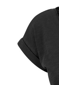 Schwarzes T-Shirt mit lässiger Passform, umgeschlagenen kurzen Ärmeln und einem weichen, strukturierten Stoff. V-Ausschnitt-Design mit einem ungezwungenen Erscheinungsbild.