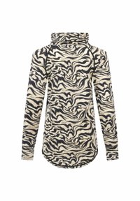 Langsleeve top in crèmekleur met zwart zebra print. Voorzien van een hoge kraag en een gebogen zoom. Zacht materiaal met een licht gestructureerd oppervlak.