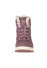 Purple high-top boot with white faux fur lining, textured exterior, round toe, and contrasting laces. Features logo on tongue and side.