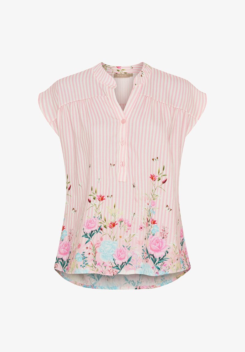 Lyserød stribet bluse med korte ærmer, blomster mønstre, knap foran og bølget kant. Lavet af letvægtsstof med bløde teksturer.