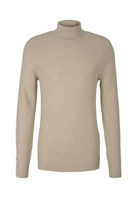 Maglione a dolcevita beige a coste con maniche lunghe, caratterizzato da un design aderente e una texture morbida, adatto per un abbigliamento casual.