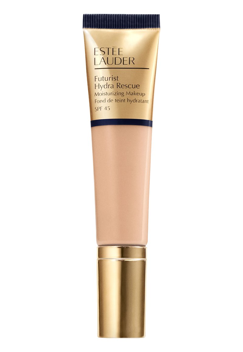Estee Lauder Futurist Hydra Rescue Moisturizing Makeup in a beige tube with a gold and navy cap. SPF 45 label visible on the front.