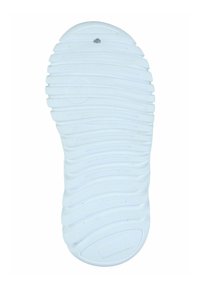 Bílá gumová podešev boty s texturovaným, vlnitým vzorem a několika malými prohlubněmi. Viditelné kruhové a obdélníkové akcentovací detaily.