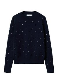 Pull bleu marine avec encolure ronde, orné de motifs de points blancs dispersés. Confectionné en tissu tricoté, manches longues et ourlet côtelé.