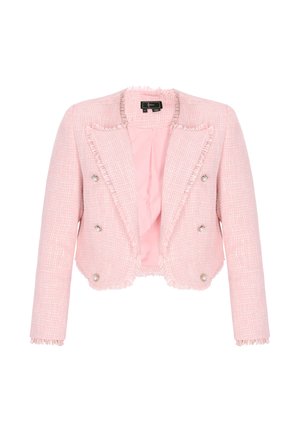 Veste en tweed rose avec bords effilochés, design croisé à double boutonnage, boutons argentés en accent et doublure intérieure lisse. Manches courtes et coupe raccourcie.