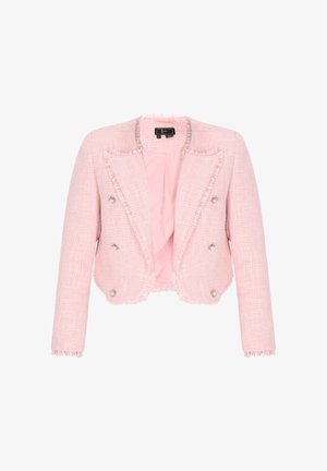 Chaqueta de tweed rosa con bordes deshilachados, diseño de doble botonadura, detalles de botones plateados y forro interior suave. Mangas cortas y corte corto.