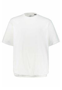 T-shirt bianco a maniche corte, con scollatura rotonda, realizzato in morbido cotone, con un logo sobrio impresso sul lato sinistro del petto.