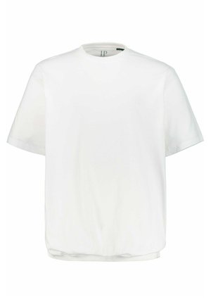T-shirt bianco a maniche corte, con scollatura rotonda, realizzato in morbido cotone, con un logo sobrio impresso sul lato sinistro del petto.
