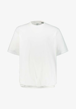 Biały t-shirt z krótkim rękawem, okrągłym dekoltem, wykonany z gładkiej bawełnianej tkaniny, z delikatnym logo wytłoczonym na lewej piersi.