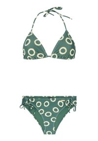 Zelený bikiny set s trojúhelníkovým topem a spodním dílem na zavazování po stranách; má bílé kruhové vzory, nařasené detaily a měkkou texturu.