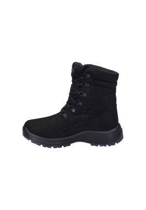 Czarne buty do wędrówek wykonane z zamszu, z wyściełanym kołnierzem, sześcioma oczkami na sznurówki oraz teksturowaną gumową podeszwą zapewniającą przyczepność.
