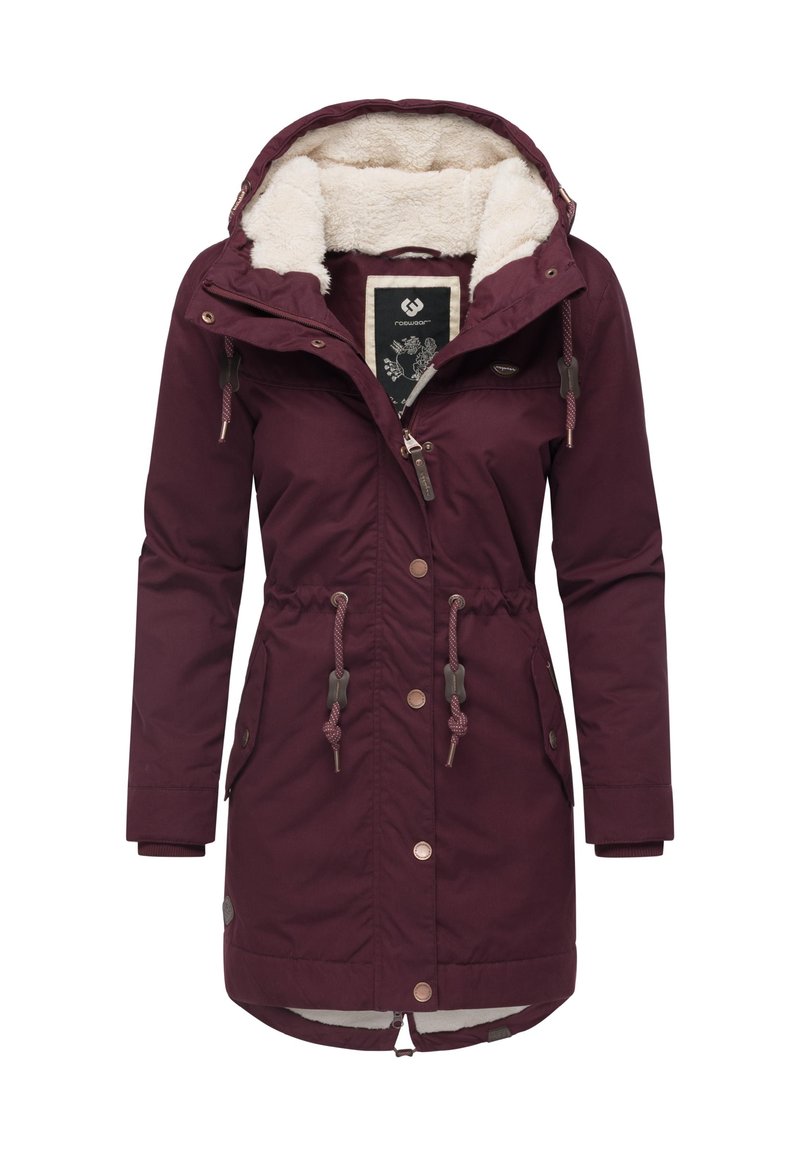 Bordó parka dzseki puha, polár béléssel ellátott kapucnival, húzózsinóros derékrésszel és két első zsebbel; elöl cipzáros és patentos gombolású.
