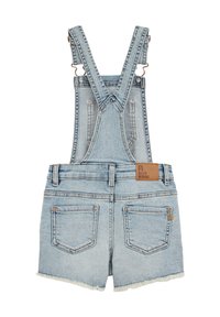 Jeans kratke hlače v svetli pranju z nastavljivimi naramnicami, raztrgano dno in dvema zadnjima žepoma. Ima rjav usnjen znak blagovne znamke.