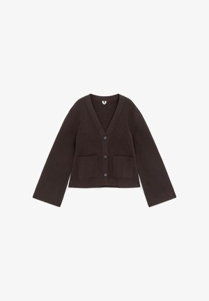 Dark brown button-up cardigan with V-neck, long wide sleeves, and two front patch pockets, displayed on a white background.