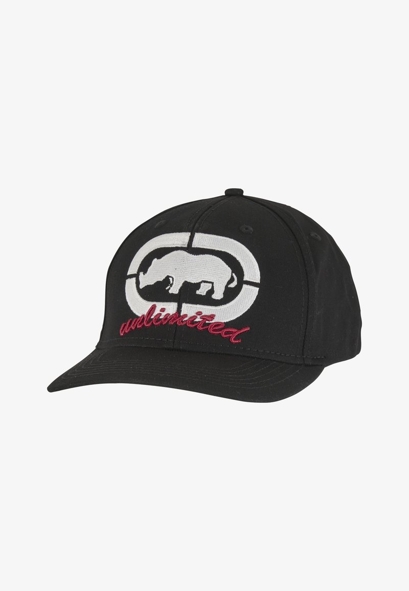 Casquette de baseball noire avec un motif de rhinocéros blanc et un logo circulaire de cible. Présente le mot "unlimited" brodé en rouge sur le devant.
