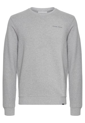 Grau sweatshirt aus weichem Stoff, mit Rundhalsausschnitt, langen Ärmeln und einem kleinen Logo auf der oberen linken Brustseite.