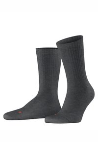 Szare skarpetki prążkowane wykonane z miękkiego materiału. Posiadają wzmocniony palec i piętę, z małym pomarańczowym logo z boku. Wysokość do połowy łydki.