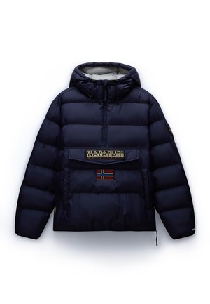 Marinblå pufferjacka med huva, med en framficka, logopatch och detalj av den norska flaggan. Tillverkad av blank, vadderad tyg.