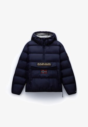 Doudoune bleu marine avec capuche, dotée d'une poche frontale, d'un patch logo et d'un détail drapeau norvégien. Fabriquée en tissu brillant matelassé.