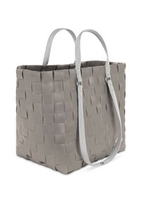 Graue gewebte Plastiktragetasche mit zwei grauen Stoffgriffen. Quadratische Form und strukturierte Oberfläche mit einem gitterartigen Muster. Kompakte und robuste Bauweise.