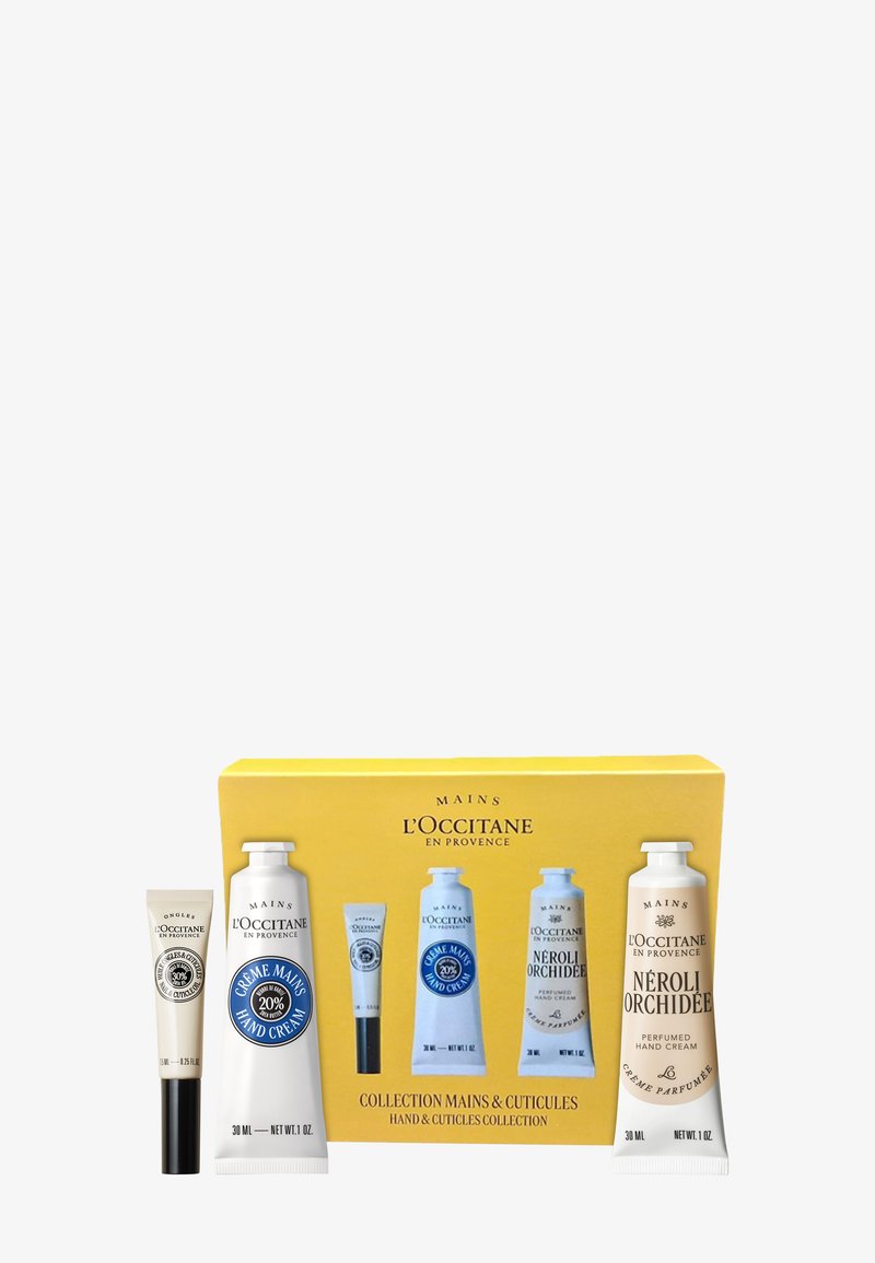 L'Occitane hand and cuticle cream set with three 30ml tubes, including hand cream and perfumed Nérolie Orchidée cream in yellow packaging.