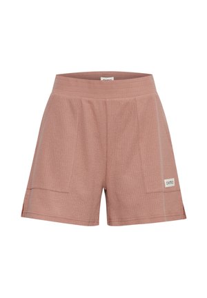 Shorts taille haute en tissu texturé rose poussiéreux avec des poches avant à rabat et une petite étiquette de marque rectangulaire en bas à droite.