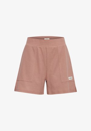 Høytlivs, støvete rosa teksturerte shorts i stoff med frontlommer og en liten rektangulær merkeetikett nederst til høyre.
