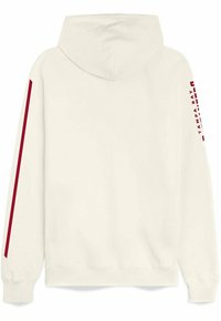 Cremefarbener Hoodie mit einer vorderen Kängurutasche, gerippten Bündchen und Saum. Rote vertikale Streifen auf dem linken Ärmel und bedruckter Schriftzug "TAMPA BAY."