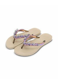 Japonki z piaskowym gumowym spodem, z fioletowym plecionym paskiem ozdobionym przezroczystymi i fioletowymi kamieniami szlachetnymi.