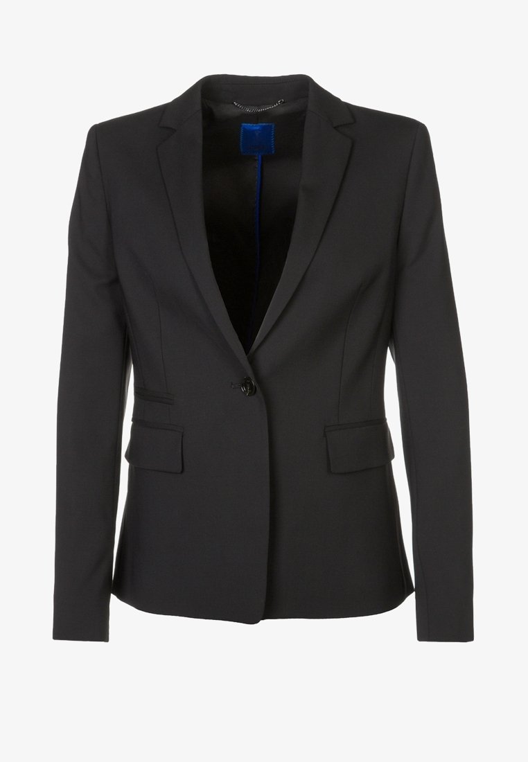 Schwarzer taillierter Blazer aus glattem Stoff, mit einem einzigen Knopfverschluss, zwei vorderen Taschen und einem blauen Innenfutter.