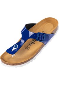 Sandal in pelle verniciata blu con suola in sughero, fibbia regolabile e suola in gomma bianca. Presenta un design con separatore per le dita.