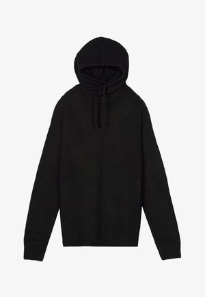 Schwarzer gestrickter Kapuzenpullover mit lockerer Passform, ausgestattet mit einer Zugbandkapuze sowie gerippten Bündchen und Saum für Textur und Struktur.