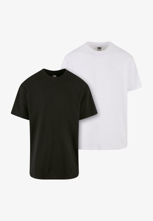 Zwei Kurzarm-T-Shirts, eines schwarz und eines weiß, aus leichtem Baumwollstoff, mit Rundhalsausschnitten und einem schlichtem, klassischen Design.