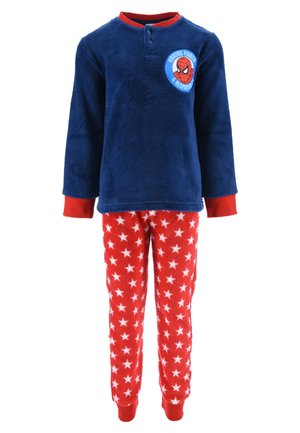 Marineblaue Fleece-Pyjama-Oberteile mit roten Akzenten und Spider-Man-Logo; rote Hose mit weißem Sternenmuster; lange Ärmel und gerippte Bündchen.