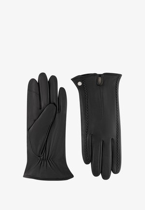 Black leather gloves with a smooth finish, featuring a gathered wrist and decorative stitching on the cuffs. Sleek design with five finger openings.