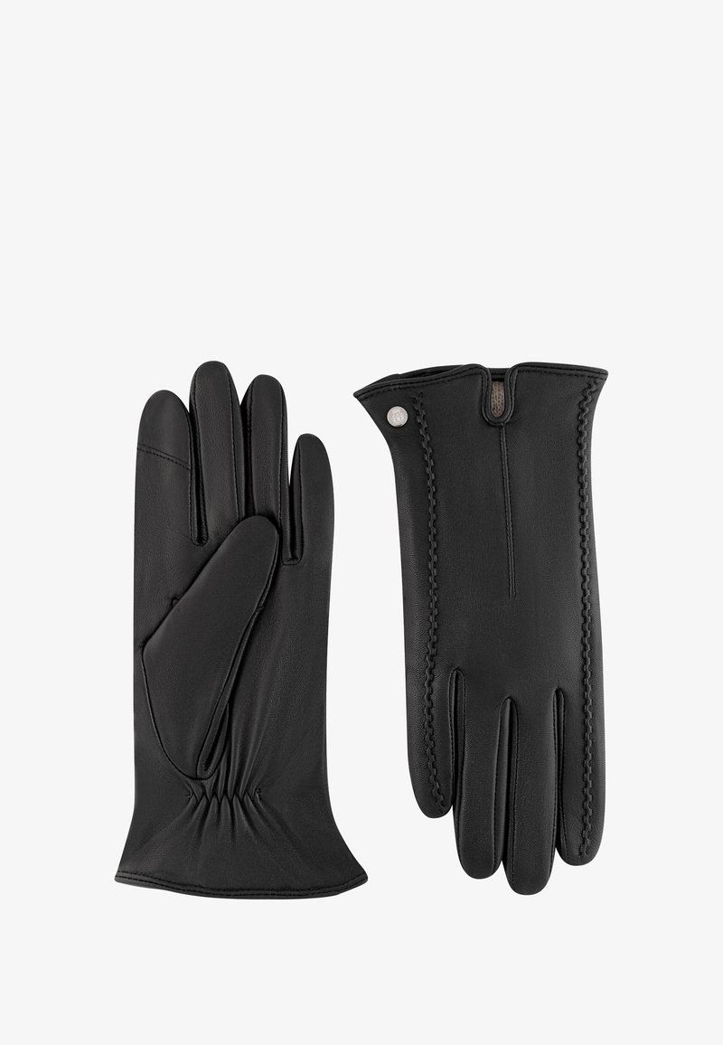 Schwarze Lederhandschuhe mit glatter Oberfläche, ausgestattet mit einem gerafften Handgelenk und dekorativen Nähten an den Bündchen. Schlankes Design mit fünf Fingeröffnungen.