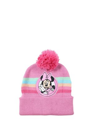Bonnet en tricot rose avec un pompon, des rayures arc-en-ciel pastel, et un patch Minnie Mouse portant un nœud rose et faisant signe.
