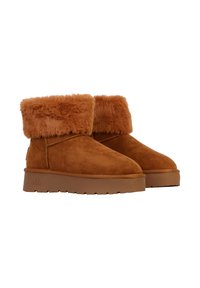 Bottines en daim de couleur beige chaud avec un bord en fausse fourrure, bout rond et semelle en caoutchouc plate. Présente des détails cousus et un design minimaliste.