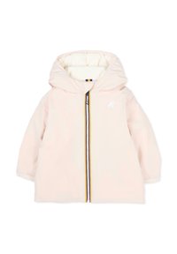 Giacca leggera rosa con cappuccio, dotata di una cerniera frontale, righe multicolori lungo la cerniera e un interno trapuntato.