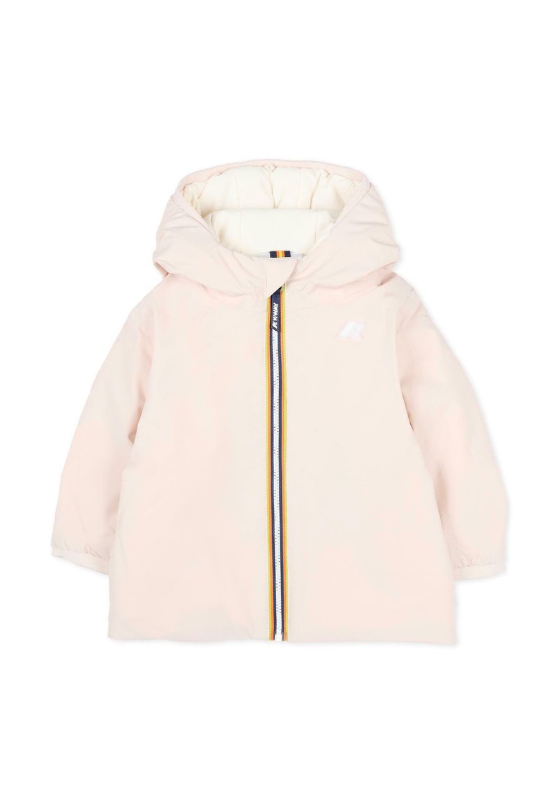 Giacca leggera rosa con cappuccio, dotata di una cerniera frontale, righe multicolori lungo la cerniera e un interno trapuntato.