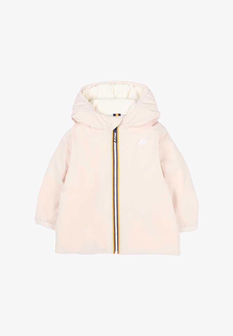 Giacca leggera rosa con cappuccio, dotata di una cerniera frontale, righe multicolori lungo la cerniera e un interno trapuntato.