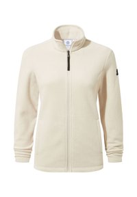 Beige fleece jacket with a high collar, zippered front, and side pockets; features ribbed cuffs and a logo on the left sleeve.