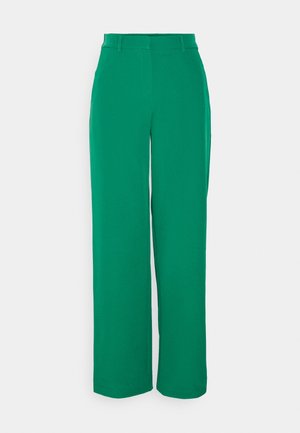 Pantaloni verdi a gamba larga e vita alta con passanti per cintura e chiusura frontale nascosta, mostrati su uno sfondo chiaro semplice.