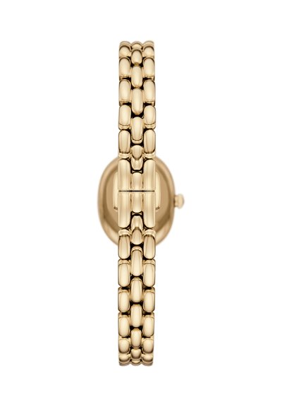 Gold-toned linked bracelet with oval-shaped watch case and small crown on the right side, viewed from above against white background.