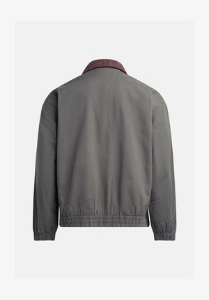 Gray bomber jacket with a ribbed maroon collar, elastic cuffs and hem, made of soft fabric with a smooth texture, featuring a plain design.