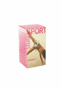 Rosa ask för "Samba Sport" Eau de Toilette. Har djärv vit text, blommiga detaljer och en dynamisk bild av en person i baddräkt.
